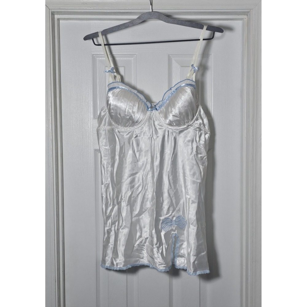 Linea Donatella Babydoll Lingerie Dress Large White Satin Embroidered Bow